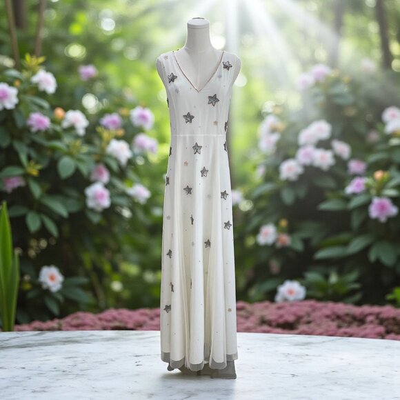 ModCloth White Sequin Star Maxi Dress Size M Celestial Glam Occasion Festival - Picture 1 of 10
